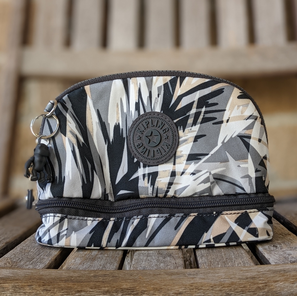 Kipling Neutral Abstract Print Cosmetic Pouch - Black, Gray, Cream